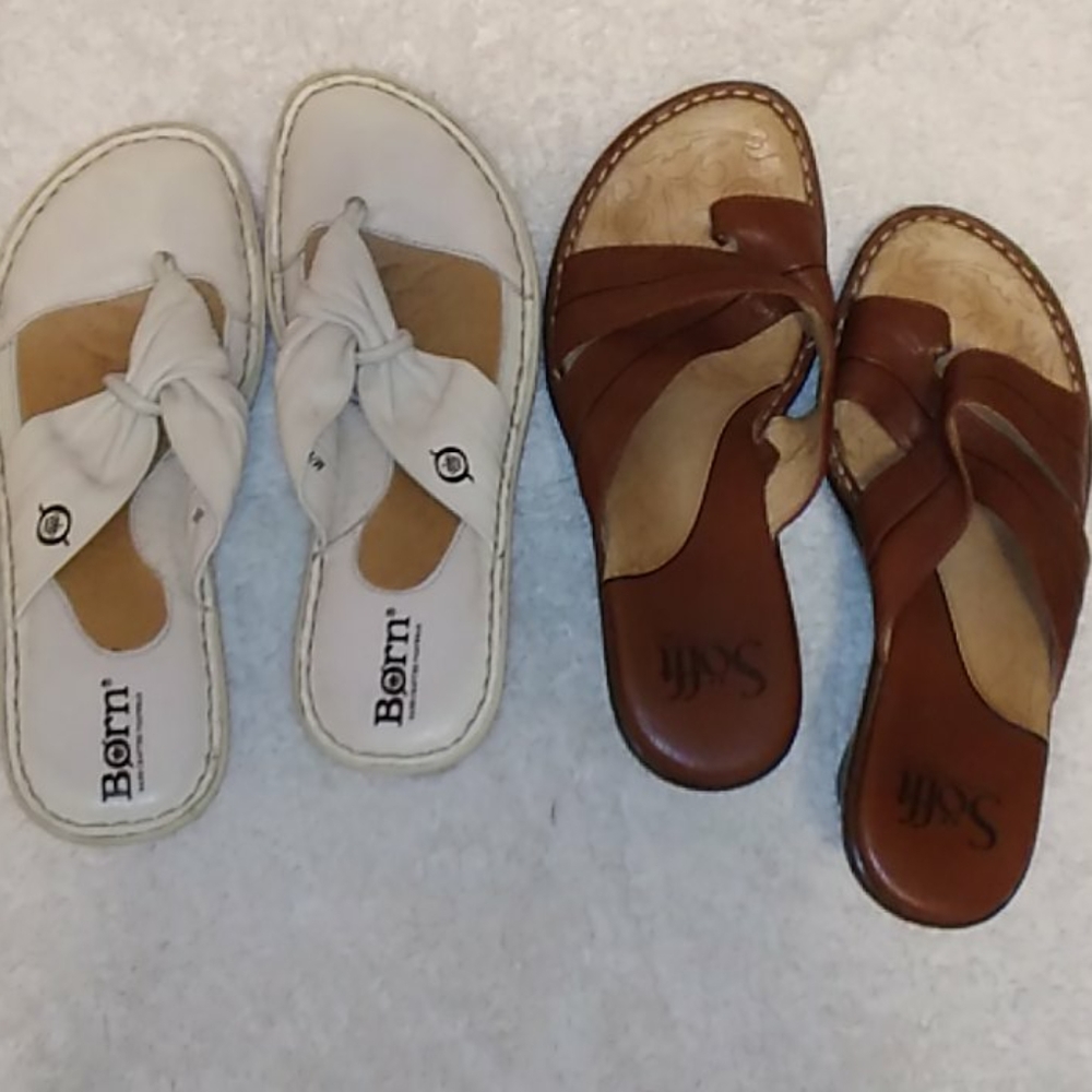 Two pairs of wedge comfy sandals.